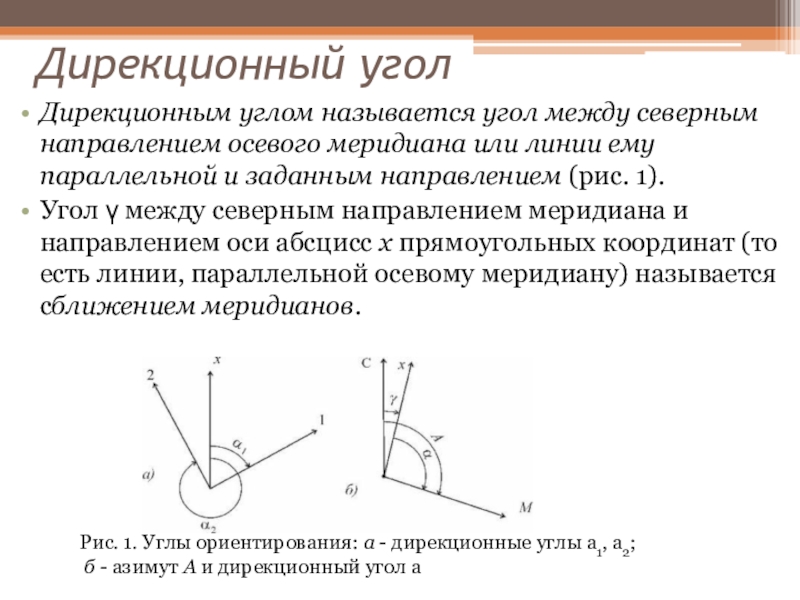 Презентация к уроку по дисциплине Основы геодезии для 2 курса по теме Ориентирование линий Специальность: 08.02.01 Строительство и эксплуатация зданий и сооружений Дирекционный уголДирекционным углом называется угол между северным направлением осевого меридиана или Дирекционный уголДирекционным углом называется угол между северным направлением осевого меридиана или линии ему параллельной и заданным направлением (рис.