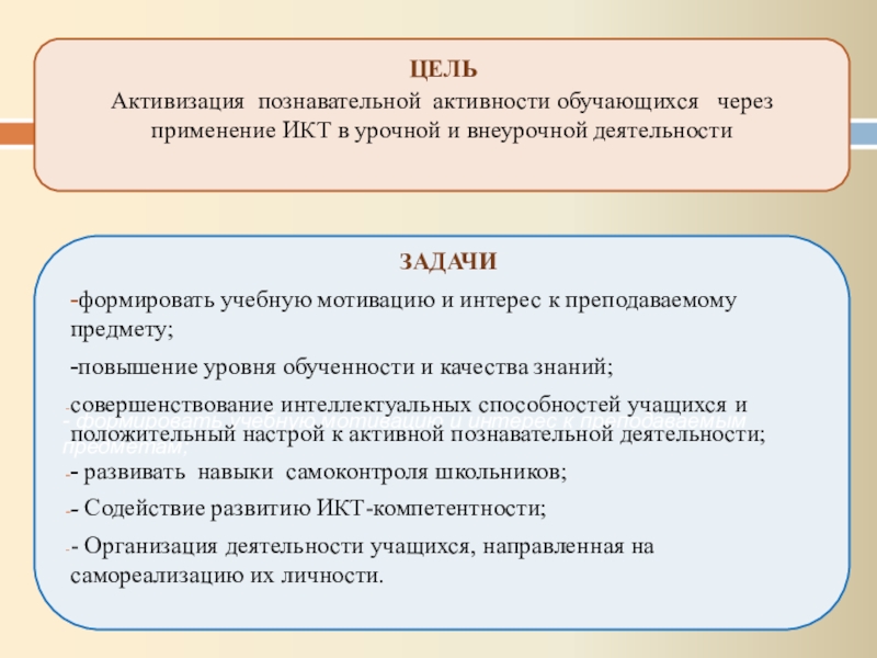 Презентация практических достижений профессиональной деятельности - формировать учебную мотивацию и интерес к преподаваемым предметам;Активизация познавательной активности - формировать учебную мотивацию и интерес к преподаваемым предметам;Активизация познавательной активности обучающихся через применение ИКТ в