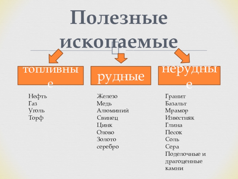 Заполните схему виды полезных ископаемых топливные рудные нерудные