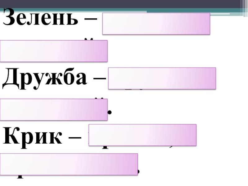 Презентация по русскому языку на тему Части речи (3 класс) Зелень – зеленеет, зеленый.Дружба – дружит, дружный.Крик – кричит, крикливый. Зелень – зеленеет, зеленый.Дружба – дружит, дружный.Крик – кричит, крикливый.