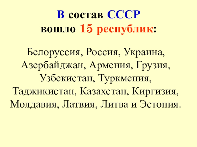 Презентация по окружающему миру на тему Страницы истории 20-30 годы ( 4 класс) В состав СССР вошло 15 республик: Белоруссия, Россия, Украина, Азербайджан, Армения, В состав СССР вошло 15 республик: Белоруссия, Россия, Украина, Азербайджан, Армения, Грузия, Узбекистан, Туркмения, Таджикистан,