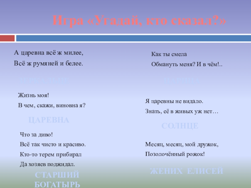 Игра «Угадай, кто сказал?»А царевна всё ж милее, Всё ж румяней и белее. ЗЕРКАЛЬЦЕЖизнь моя!В чем, скажи,