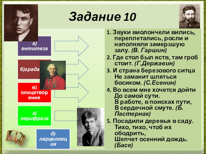 Готовимся к ЕГЭ. Средства речевой выразительности текста (тренажёр). Задание 101. Звуки виолончели вились, переплетались, росли и наполняли замерзшую залу. Задание 101. Звуки виолончели вились, переплетались, росли и наполняли замерзшую залу. (В. Гаршин)2. Где стол был яств,