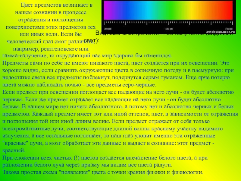 Видимый 30. Цвет с точки зрения физики. Цвета предметов возникают в процессе поглощения световых волн..