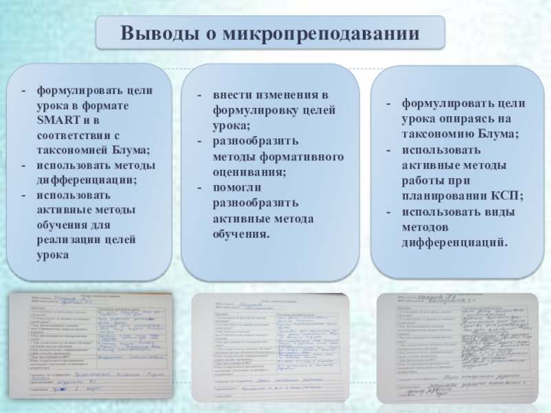 Презентация к защите урока Выводы о микропреподавании формулировать цели урока в формате SMART и в Выводы о микропреподавании формулировать цели урока в формате SMART и в соответствии с таксономией Блума; использовать методы