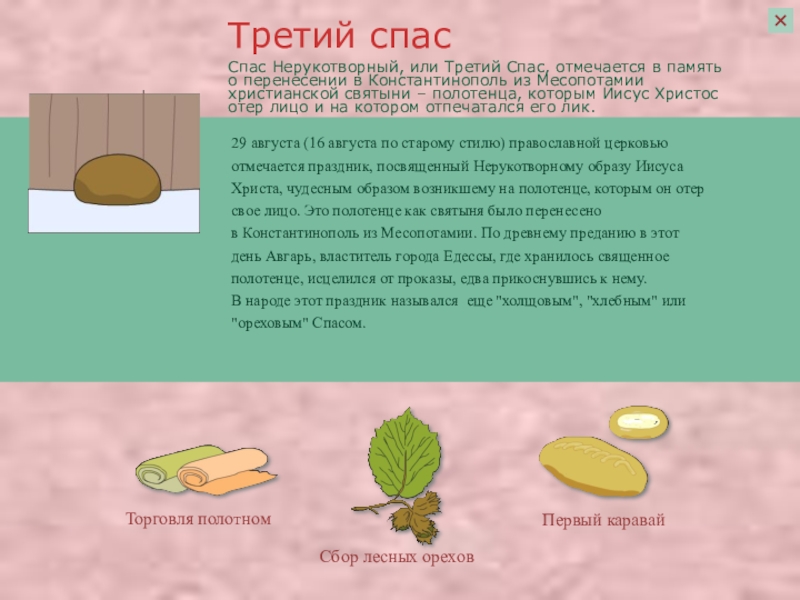 Презентация про православные праздники Спас Нерукотворный, или Третий Спас, отмечается в память о перенесении в Константинополь из Спас Нерукотворный, или Третий Спас, отмечается в память о перенесении в Константинополь из Месопотамии христианской святыни – полотенца, которым Иисус