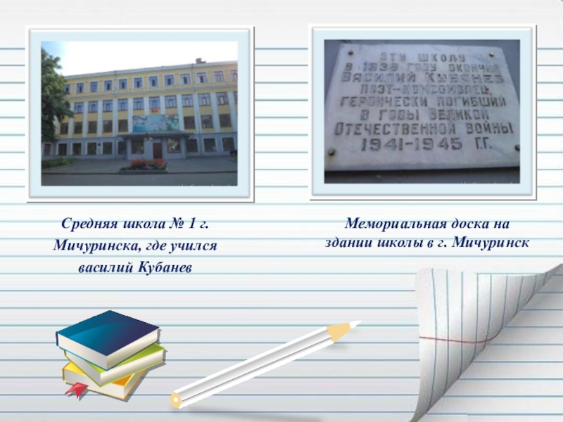 Презентация Если гореть, то гореть во всю силу... ( О Василии Кубанёве) Средняя школа № 1 г. Мичуринска, где учился василий КубаневМемориальная доска Средняя школа № 1 г. Мичуринска, где учился василий КубаневМемориальная доска на здании школы в г. Мичуринск