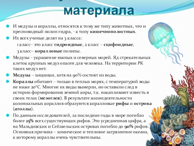 Презентация по биологии Коралловые полипы и медузы (7 класс) Изучение нового материалаИ медузы и кораллы, относятся к тому же типу Изучение нового материалаИ медузы и кораллы, относятся к тому же типу животных, что и пресноводный полип гидра,
