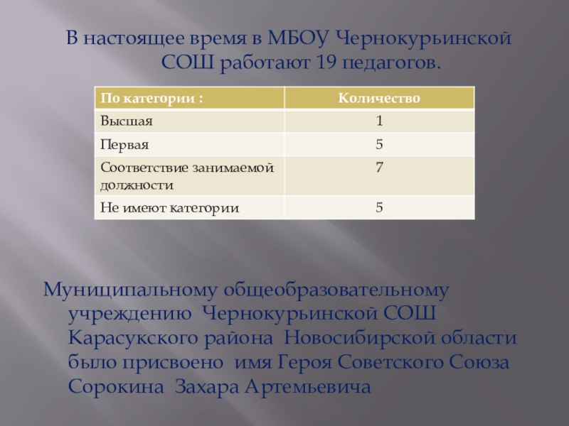 В настоящее время в МБОУ Чернокурьинской СОШ работают 19 педагогов.Муниципальному общеобразовательному учреждению Чернокурьинской СОШ Карасукского района Новосибирской