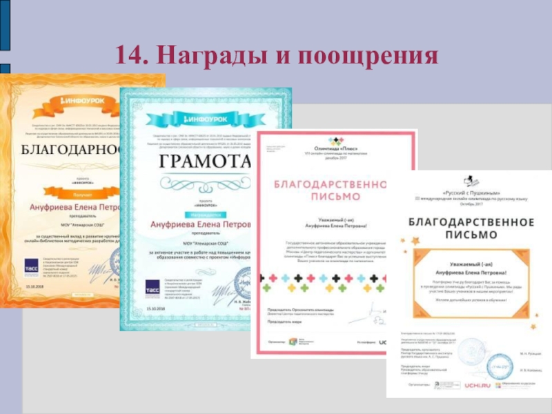 Презентация Портфолио для аттестации Ануфриевой Е. П. 14. Награды и поощрения 14. Награды и поощрения