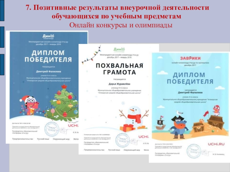 Презентация Портфолио для аттестации Ануфриевой Е. П. 7. Позитивные результаты внеурочной деятельности обучающихся по учебным предметамОнлайн конкурсы и олимпиады 7. Позитивные результаты внеурочной деятельности обучающихся по учебным предметамОнлайн конкурсы и олимпиады