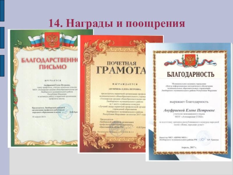 Презентация Портфолио для аттестации Ануфриевой Е. П. 14. Награды и поощрения 14. Награды и поощрения