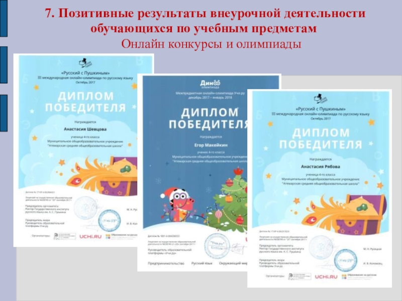 Презентация Портфолио для аттестации Ануфриевой Е. П. 7. Позитивные результаты внеурочной деятельности обучающихся по учебным предметамОнлайн конкурсы и олимпиады 7. Позитивные результаты внеурочной деятельности обучающихся по учебным предметамОнлайн конкурсы и олимпиады