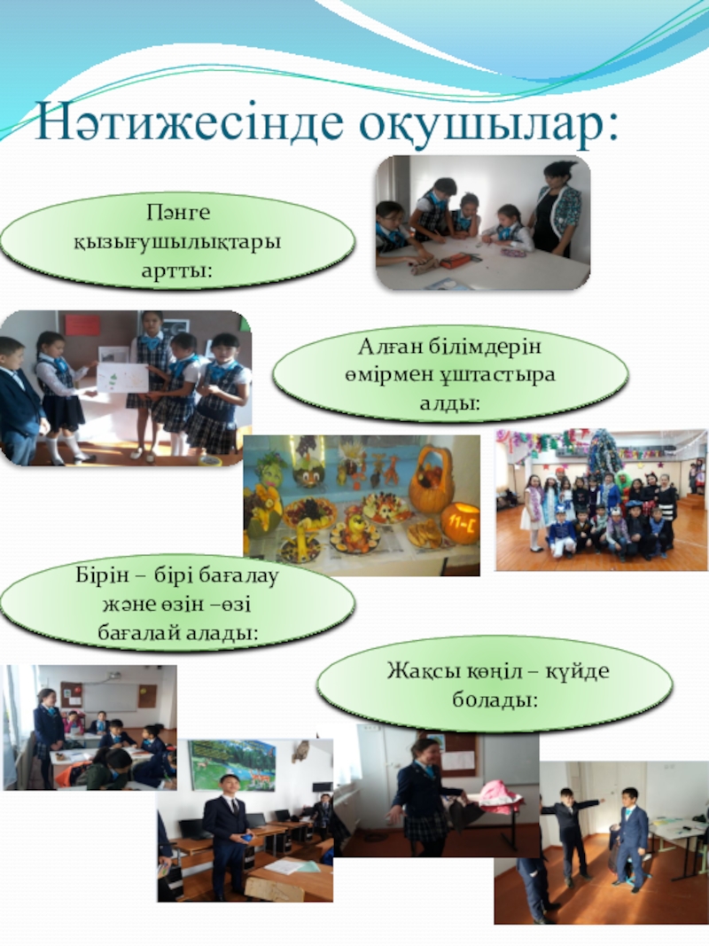 Әдістемелік бірлестік жылдық қорытынды Нәтижесінде оқушылар:Пәнге қызығушылықтары артты:Алған білімдерін өмірмен ұштастыра алды:Бірін – бірі бағалау Нәтижесінде оқушылар:Пәнге қызығушылықтары артты:Алған білімдерін өмірмен ұштастыра алды:Бірін – бірі бағалау және өзін –өзі бағалай алады: Жақсы