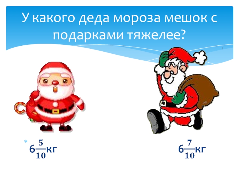 Презентация по математике на тему Сложение и вычитание смешанных чисел (6 класс) У какого деда мороза мешок с подарками тяжелее? У какого деда мороза мешок с подарками тяжелее?