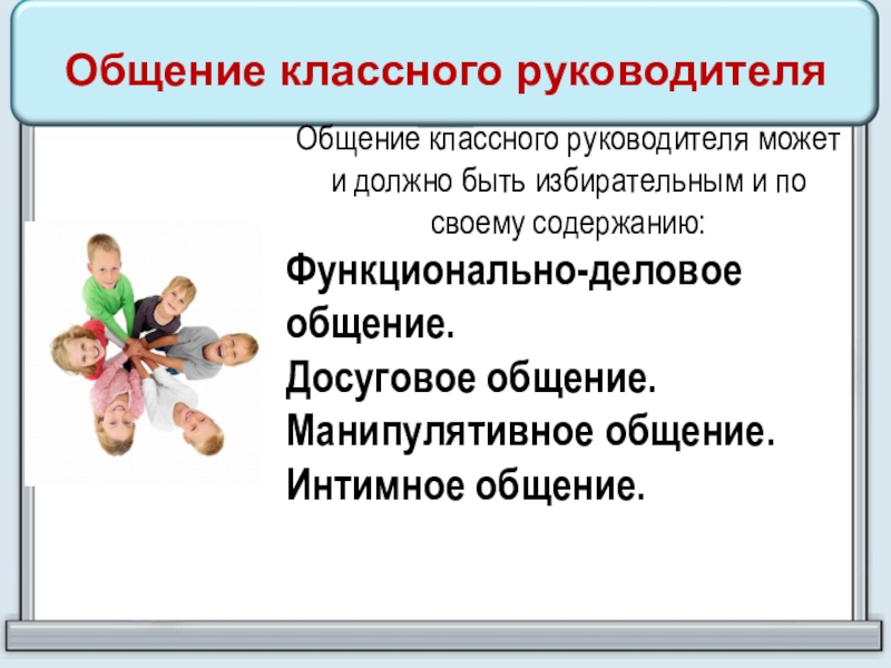 Общение классного руководителя может и должно быть избирательным и по своему содержанию:Функционально-деловое общение.Досуговое общение. Манипулятивное общение.Интимное общение.Общение