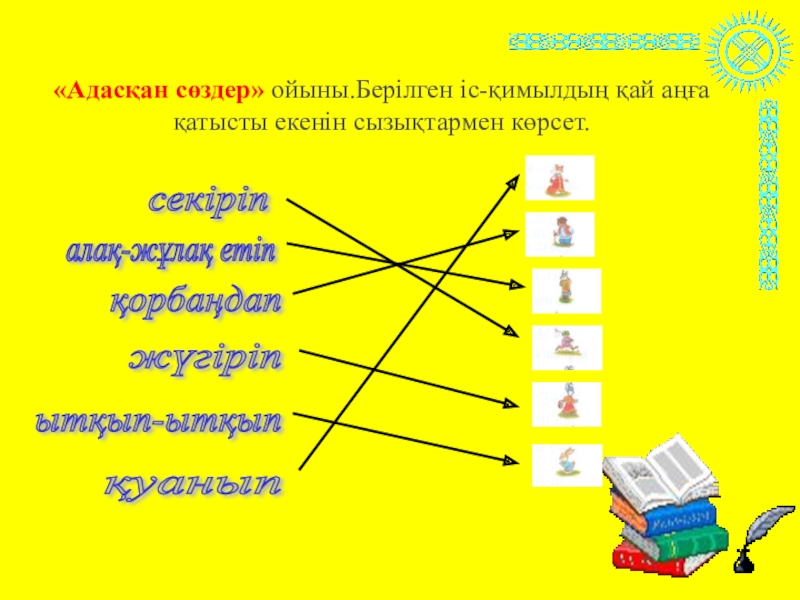 Презентация ана тілі Бөлімді қайталау «Адасқан сөздер» ойыны.Берілген іс-қимылдың қай аңға қатысты екенін сызықтармен көрсет. секіріп «Адасқан сөздер» ойыны.Берілген іс-қимылдың қай аңға қатысты екенін сызықтармен көрсет. секіріп алақ-жұлақ етіп қорбаңдап жүгіріп ытқып-ытқып қуанып
