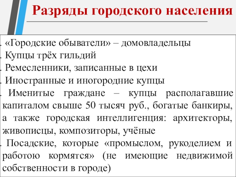 «Городские обыватели» – домовладельцы Купцы трёх гильдий Ремесленники, записанные в цехи Иностранные и иногородние купцы Именитые