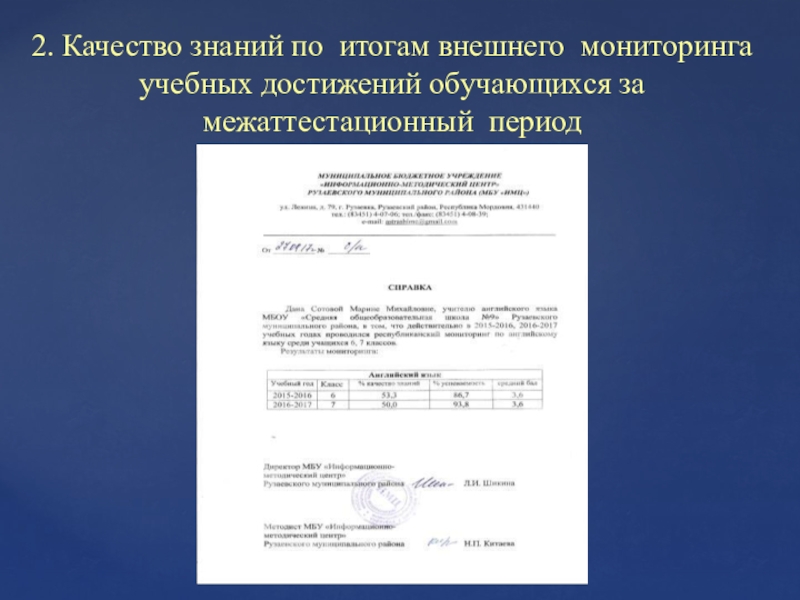 Портфолио для аттестации, Сотова М. М. 2. Качество знаний по итогам внешнего мониторинга учебных достижений обучающихся за межаттестационный период 2. Качество знаний по итогам внешнего мониторинга учебных достижений обучающихся за межаттестационный период