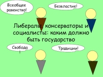 Презентация по истории на темуЛибералы, консерваторы и социалисты:какими должно быть общество и государство (8 класс)