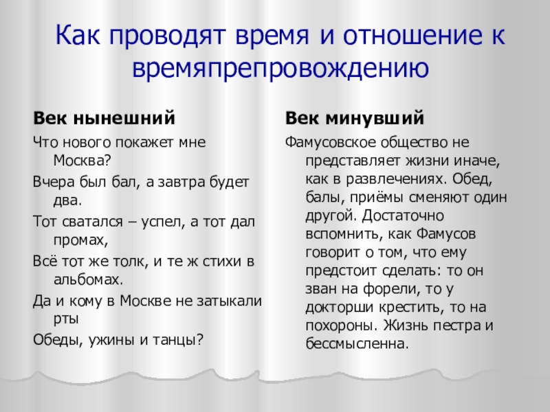 Как проводят время и отношение к времяпрепровождениюВек нынешнийЧто нового покажет мне Москва?Вчера был бал, а завтра будет