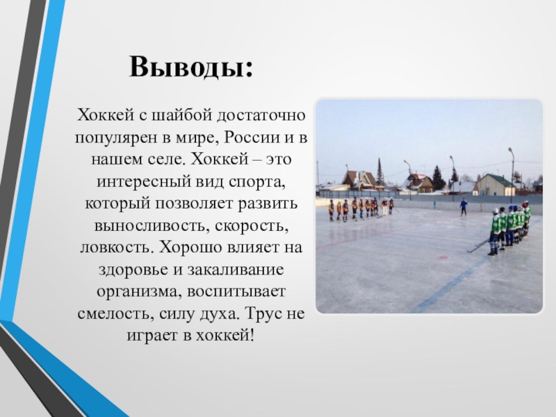 Проект на тему: Трус не играет в хоккей Выводы:Хоккей с шайбой достаточно популярен в мире, России и в нашем Выводы:Хоккей с шайбой достаточно популярен в мире, России и в нашем селе. Хоккей – это интересный вид