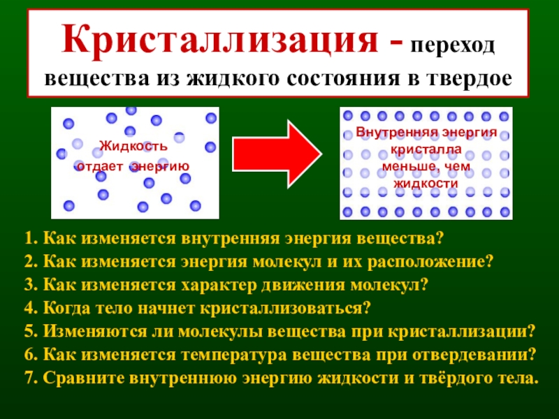 Температура кристаллического тела. Внутренняя энергия при кристаллизации. Переход твердого вещества в жидкое. При кристаллизации вещества энергия. Кристаллизации из жидкого в твердое.