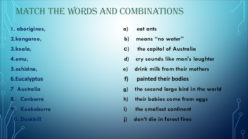 Презентация по англ яз. на тему Добро пожаловать в Австралию MATCH THE WORDS AND COMBINATIONS1. aborigines, MATCH THE WORDS AND COMBINATIONS1. aborigines,