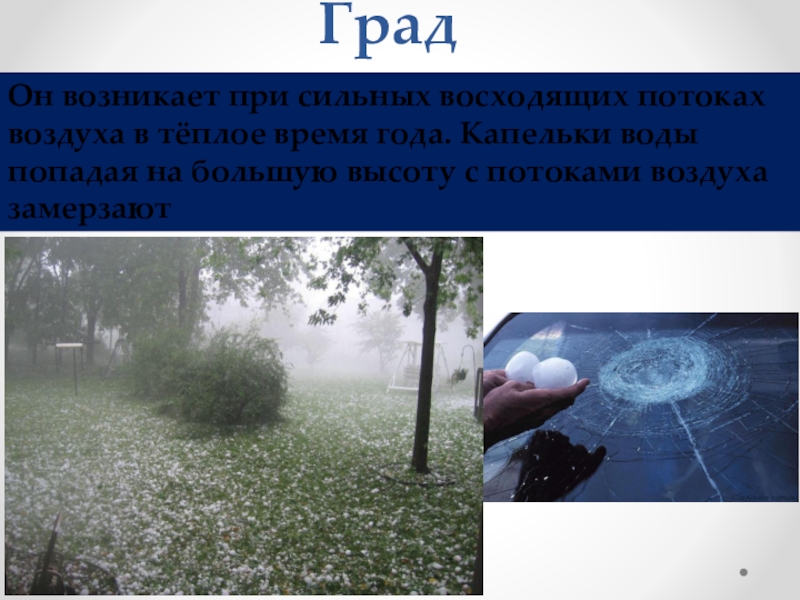 Презентация по географии на тему Атмосферные осадки (6 класс) ГрадОн возникает при сильных восходящих потоках воздуха в тёплое время года. ГрадОн возникает при сильных восходящих потоках воздуха в тёплое время года. Капельки воды попадая на большую высоту