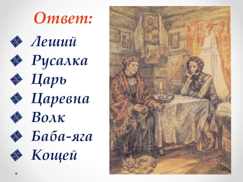 Ответ: Леший Русалка Царь Царевна Волк Баба-яга Кощей