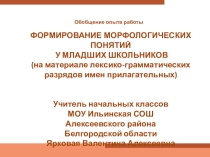 Презентация по русскому языку(из опыта работы): ФОРМИРОВАНИЕ МОРФОЛОГИЧЕСКИХ ПОНЯТИЙ У МЛАДШИХ ШКОЛЬНИКОВ(на материале лексико-грамматических разрядов имен прилагательных)