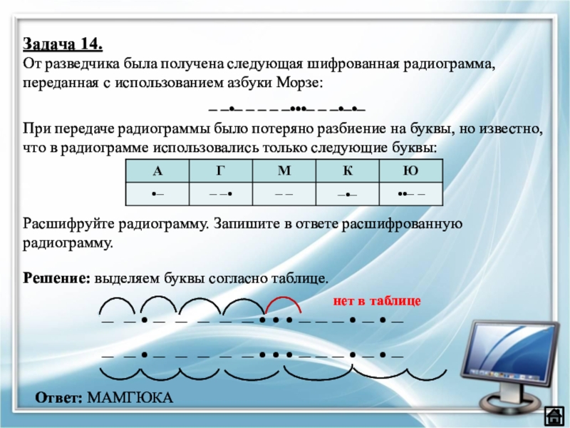 Получится следующее. Следующая шифрованная радиограмма переданная с использованием. От разведчика была получена следующая шифрованная радиограмма. При передаче радиограммы было потеряно. При передаче радиограммы было потеряно разбиение на буквы.