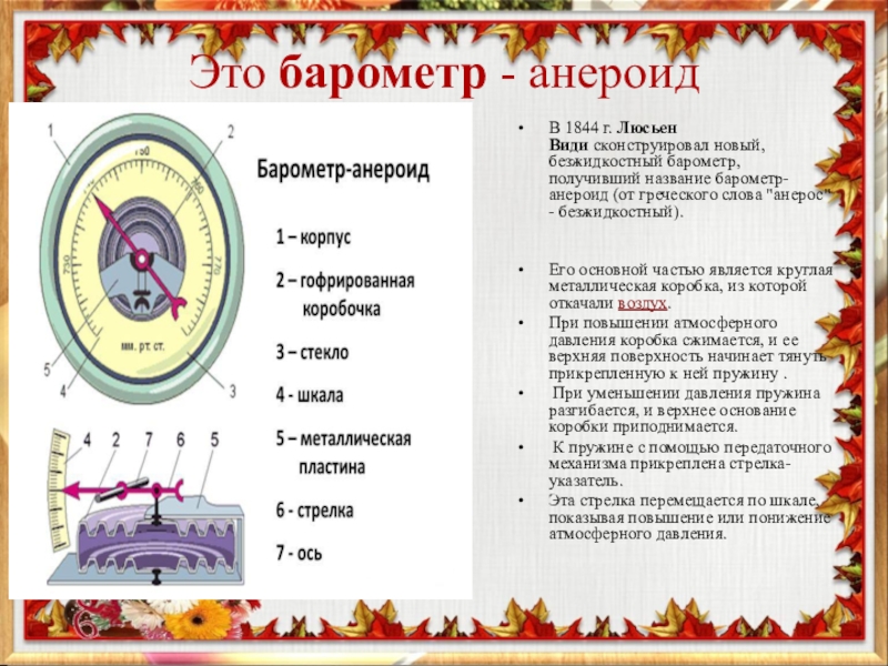 Шкала нормального атмосферного давления. Барометр анероид Люсьена види. Описание барометра. Барометр анероид описание. Барометр краткое описание.