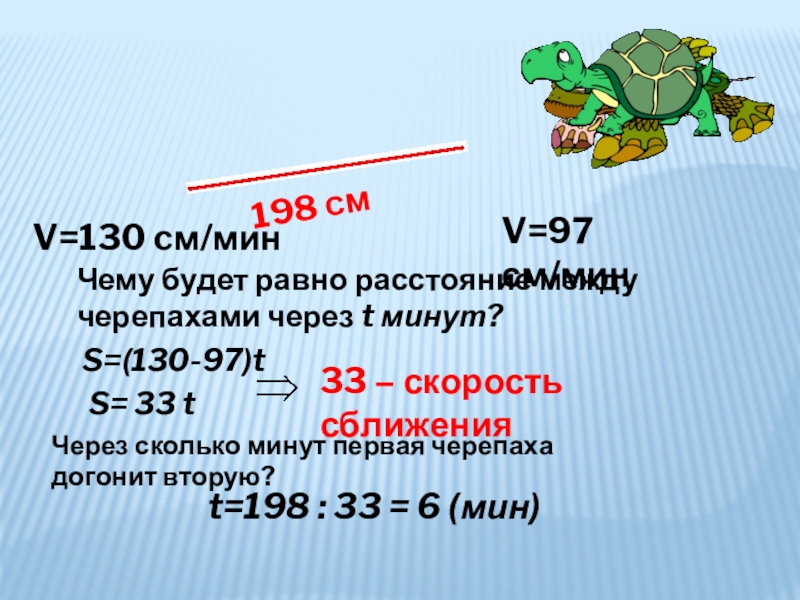 198 смV=130 cм/минV=97 см/минЧему будет равно расстояние между черепахами через t минут? S=(130-97)tS= 33 t33 – скорость