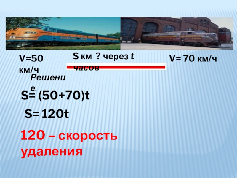 V=50 км/чV= 70 км/чS км ? через t часов S= (50+70)tS= 120t120 – скорость удаленияРешение.