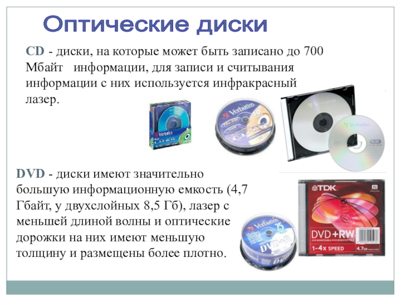 Оптические дискиCD - диски, на которые может быть записано до 700 Мбайт  информации, для записи и